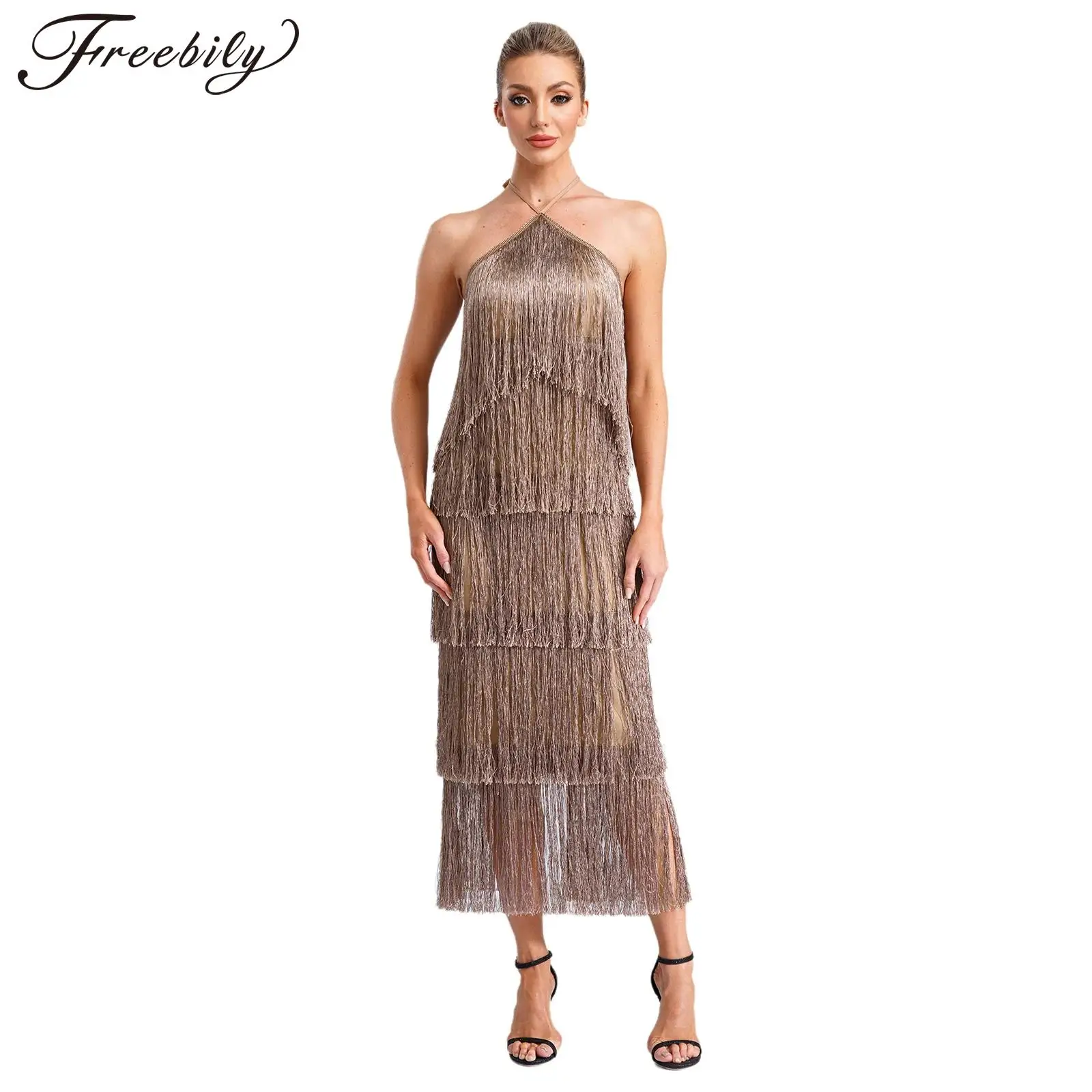 

Женское платье с бахромой, вечернее платье Vestido Feminino, платье с лямкой на шее, с открытой спиной и разрезом, вечернее, банкетное, клубное, коктейльное платье