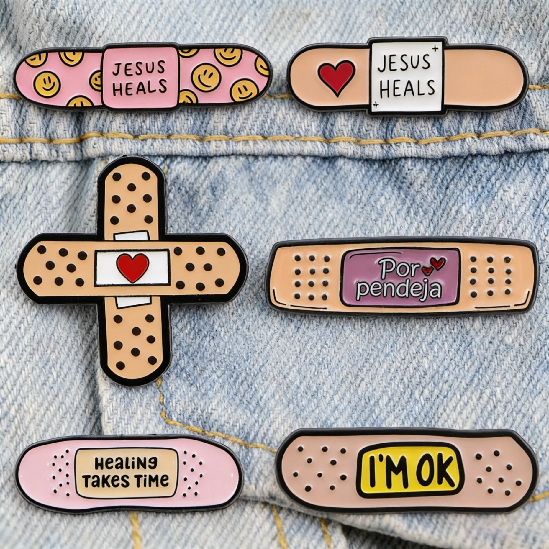 Broches de esmalte creativos con diseño de vendas adhesivas, motivacionales con las frases 'Jesus Heals' y 'I'm OK', para mochilas, broches de solapa con cita, regalo para amigos