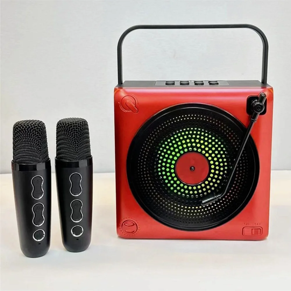 

Retro karaoke BT speaker Machine HIFI subwoofer with 2 Wireless mic Support U Disk AUX home stereo system Audio KTV family set