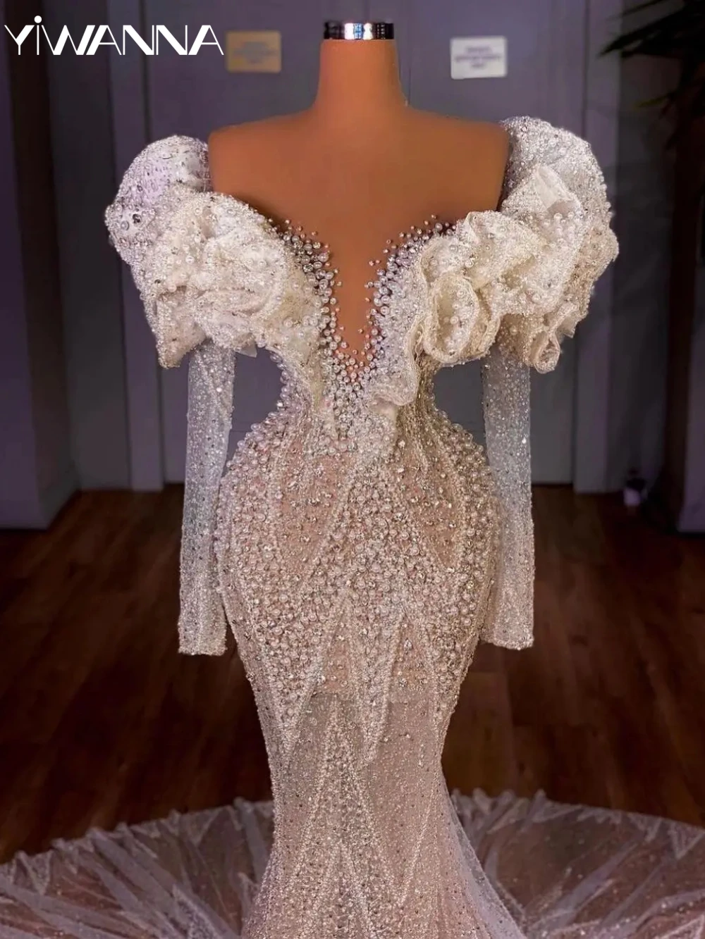 Luxury Illusion Mermaid Bride Robe Off The Shoulder Bridal Dress Sparkly Sequins Pearls Wedding Gown Customized Vestido De Novia