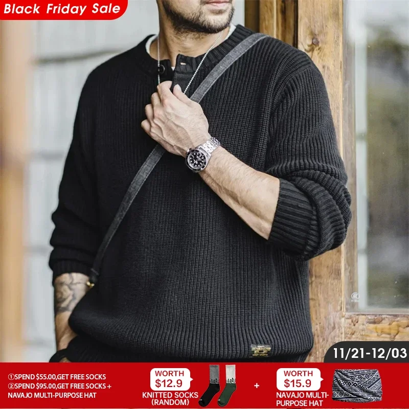 Maden Workwear American Retro Black Knitted Henley Shirt Vertical Stripe Pullover Sweater for Men Autumn and Winter