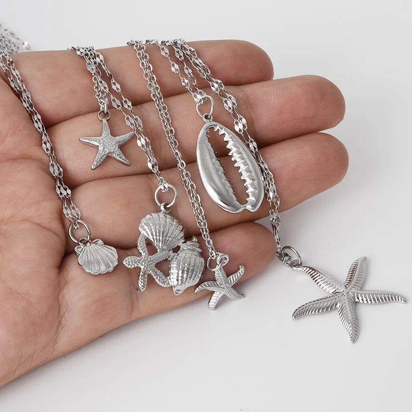O Chain Around Neck Necklace Waterproof Stainless Steel Conch Shell Starfish Pendant Necklaces For Women Men Accessories Jewelry