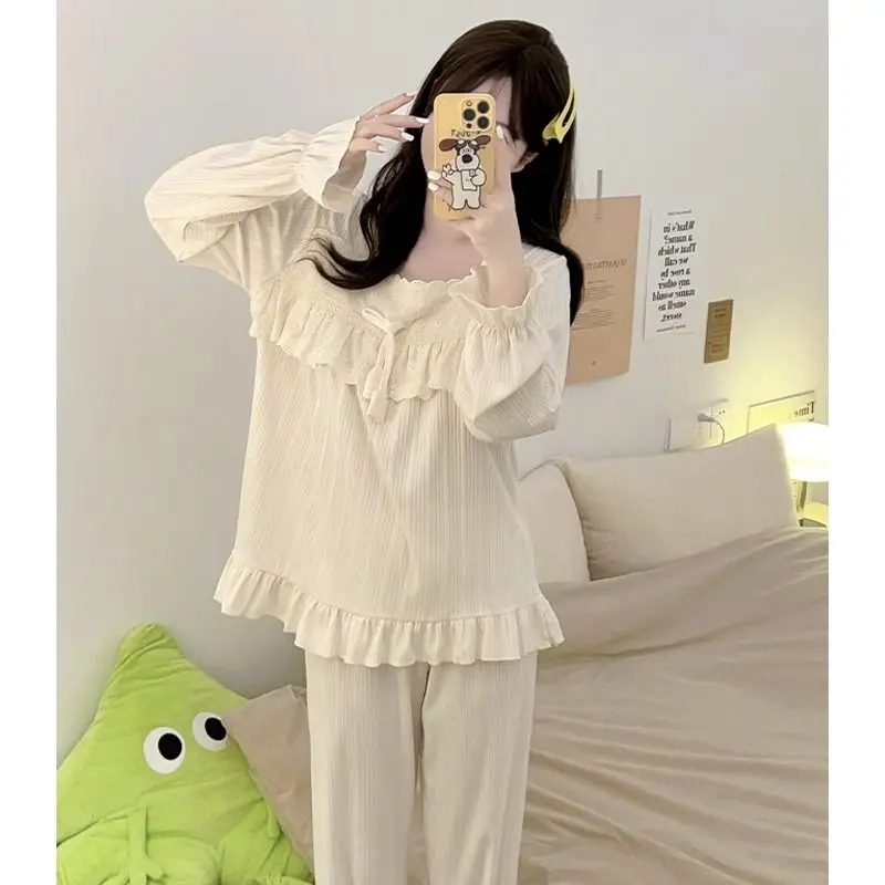 Lace Sleepwear Women Pajama Sets Solid Piiama Autumn Pants Sets 2 Pieces Ruffles Long Sleeve Night Wears Square Collar Home Suit