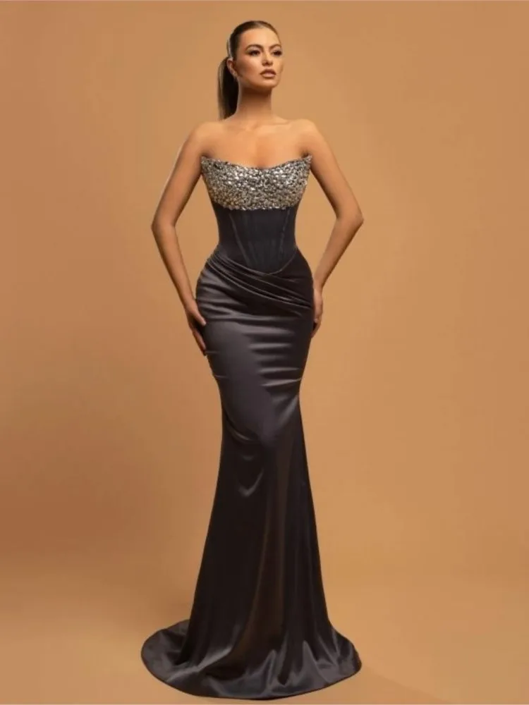 Super Sparkling Diamond Sequins Sexy Strapless Black Satin Socialite Dinner Stage Performance Dress