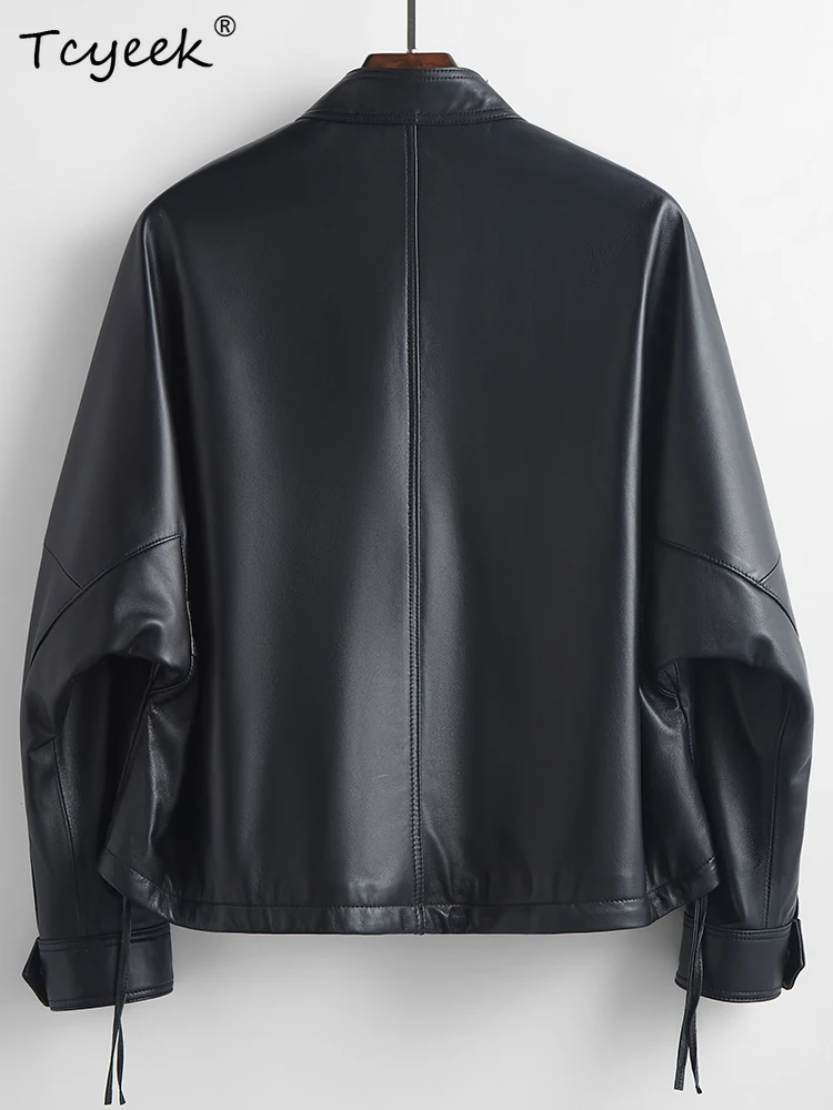 Tcyeek Genuine Leather Jacket Spring Autumn Stand Up Collar Shoulder Length Long Sleeved Short Black Jackets Chaqueta Cuero