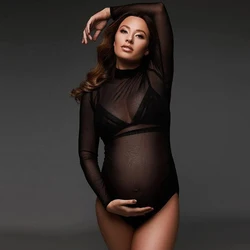Long Sleeve Maternity Wear Slim Tight Elastic Mesh See-Through Bodysuit Mock Neck Sexy Photography Costume Baby Shower Props