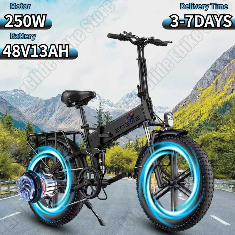 ENGINE X Electric Bicycle 250W Brushless Motor 48V13AH Lithium Battery Adult Electric Bike 20*4-in Fat Tire Fold Mountain E-bike