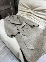 Lingzhi Wu Sheep Wool Coat Cashmere Silk Outerwear Autumn Winter British Double Breasted Thick Outwear Top Quality Woolen Coat