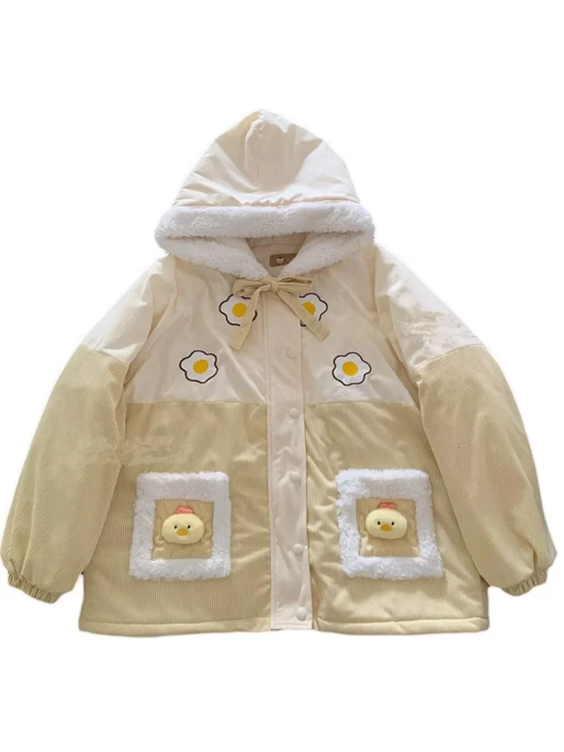 Japanese Winter New Cute Cartoon Egg Yolk Duckling Loose Versatile Cotton-padded Clothes Splicing Clothes Top Coat For Women