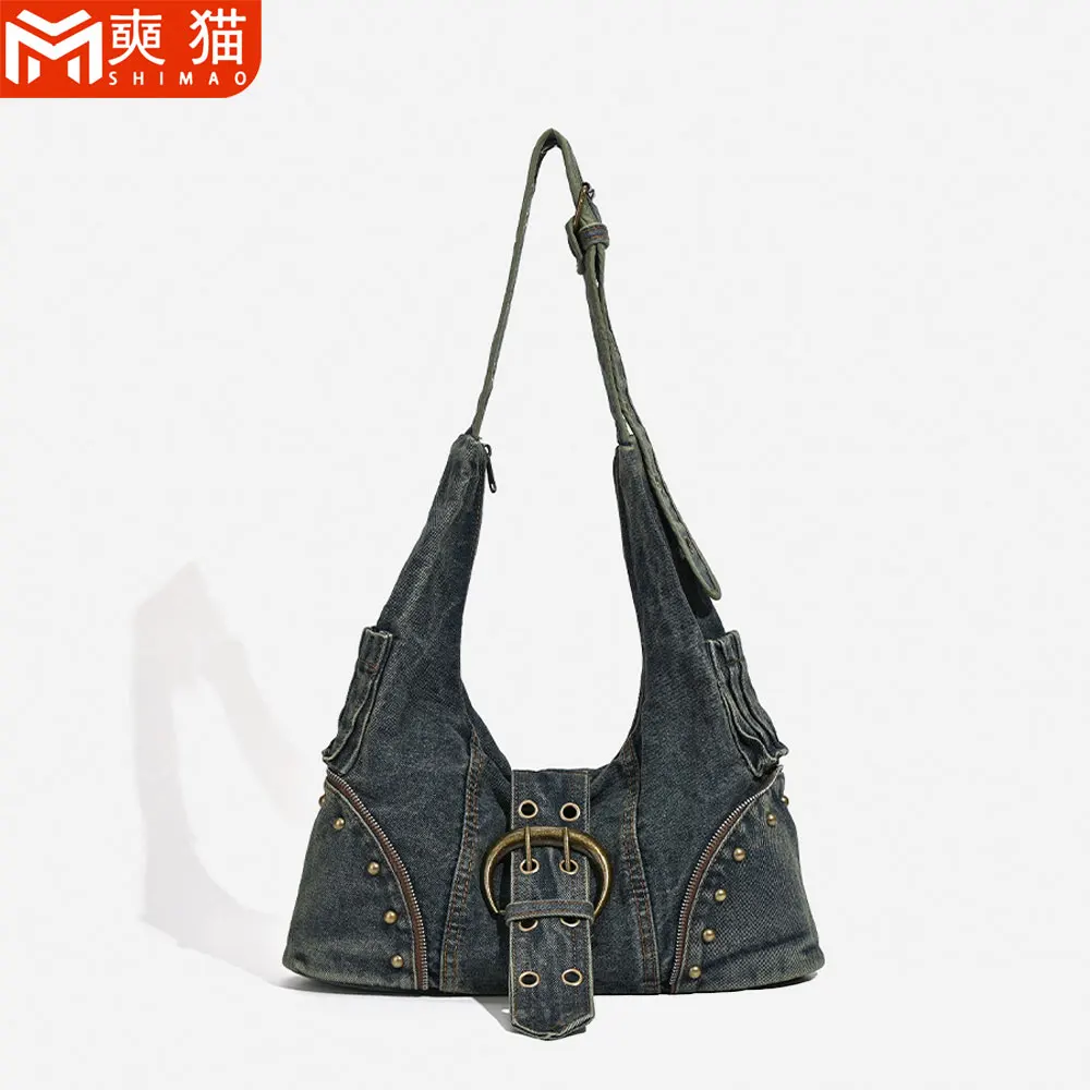 

Уличная джинсовая сумка через плечо в стиле ретро, женская популярная девушка, украшенная заклепками, большая вместительная дорожная художественная джинсовая сумка на плечо