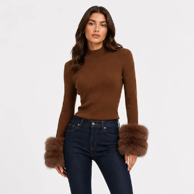 Slim Fit Half Turtleneck Ribbed Knit Sweater For Women Real Fox Fur Cuff Trim Women's Sweater Autumn Winter Clothing Pullover