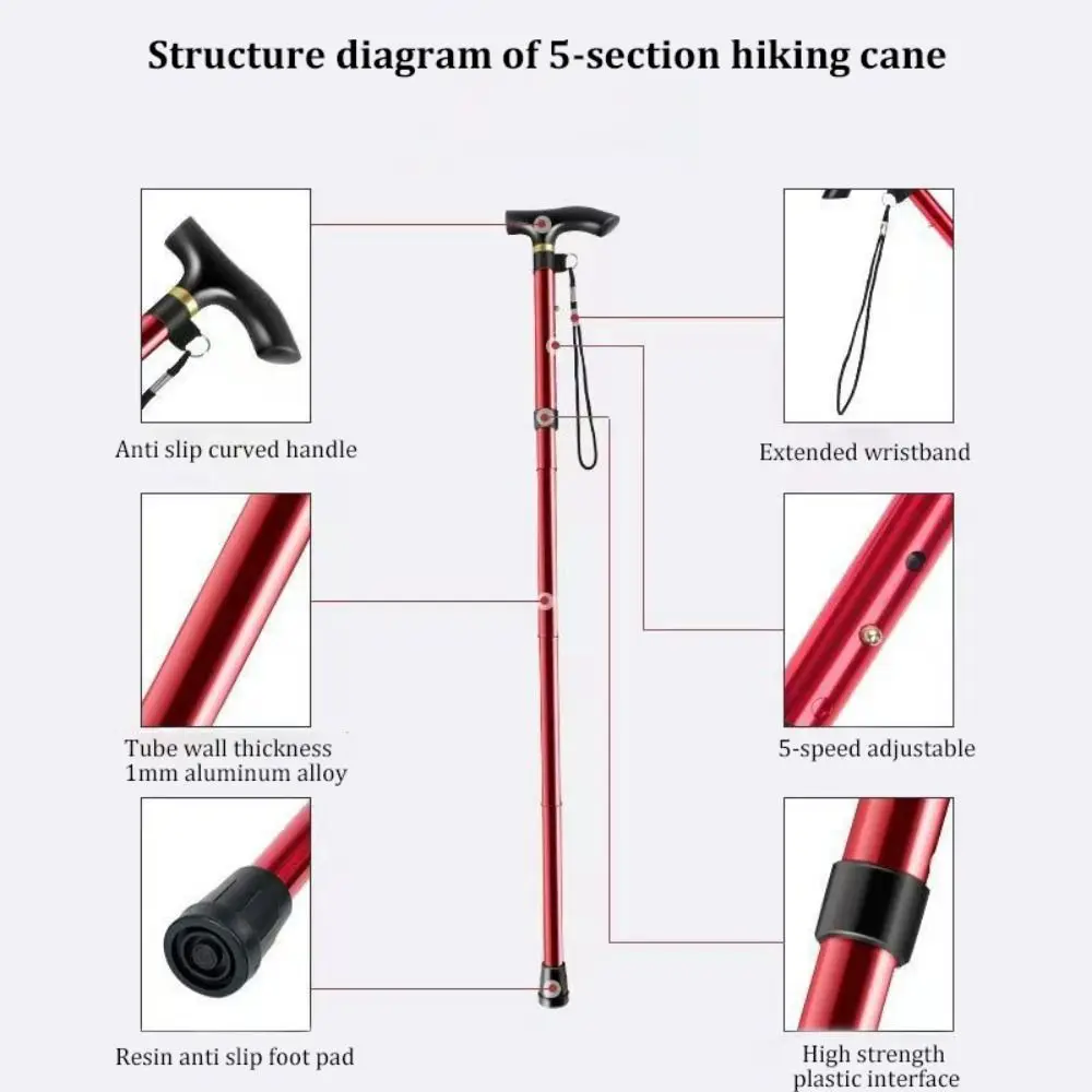 Lightweight Telescopic Trekking Stick 5-Section Adjustable Crutches Portable Strengthen Walking Cane for Adults Elderly People