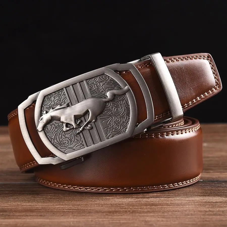 Men Leather Ratchet Belt Automatic Buckle Waistband for Male Width:3.5cm black\brown