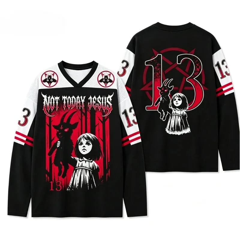 Vintage Gothic Punk Halloween Long Sleeve Jersey 3D Print Pentagram Goat Girl Graphic Heavy Metal Oversized Tee for Men Women