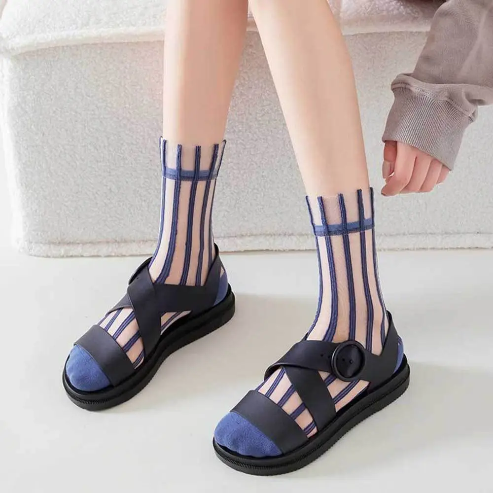 Fashion Striped Mesh Glass Silk Socks For Women Thin Transparent Elastic Summer Nylon Socks Breathable Middle Tube Socks