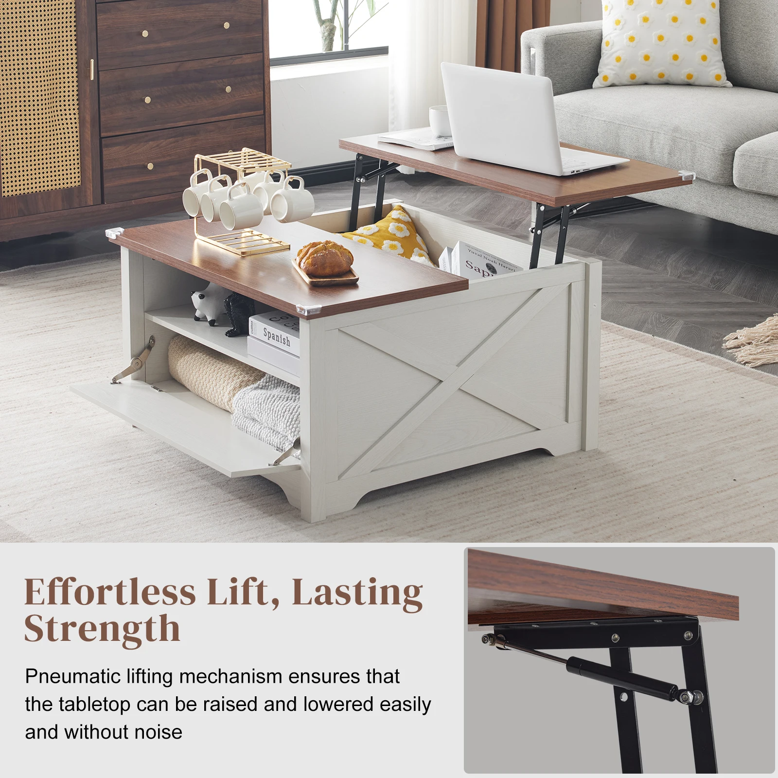 Lift Top Coffee Table, Ergonomic Rising, Hidden Compartment, Retro Farmhouse, Brown/White, Living Room/Office.