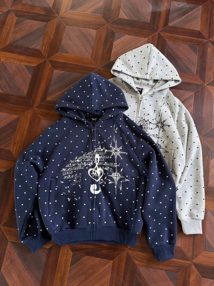 Y2K Vintage Couple Matching Zip Up Hoodie Unisex Heart Music Note Graphic Print Flattering Loose Casual Streetwear Winter Wear