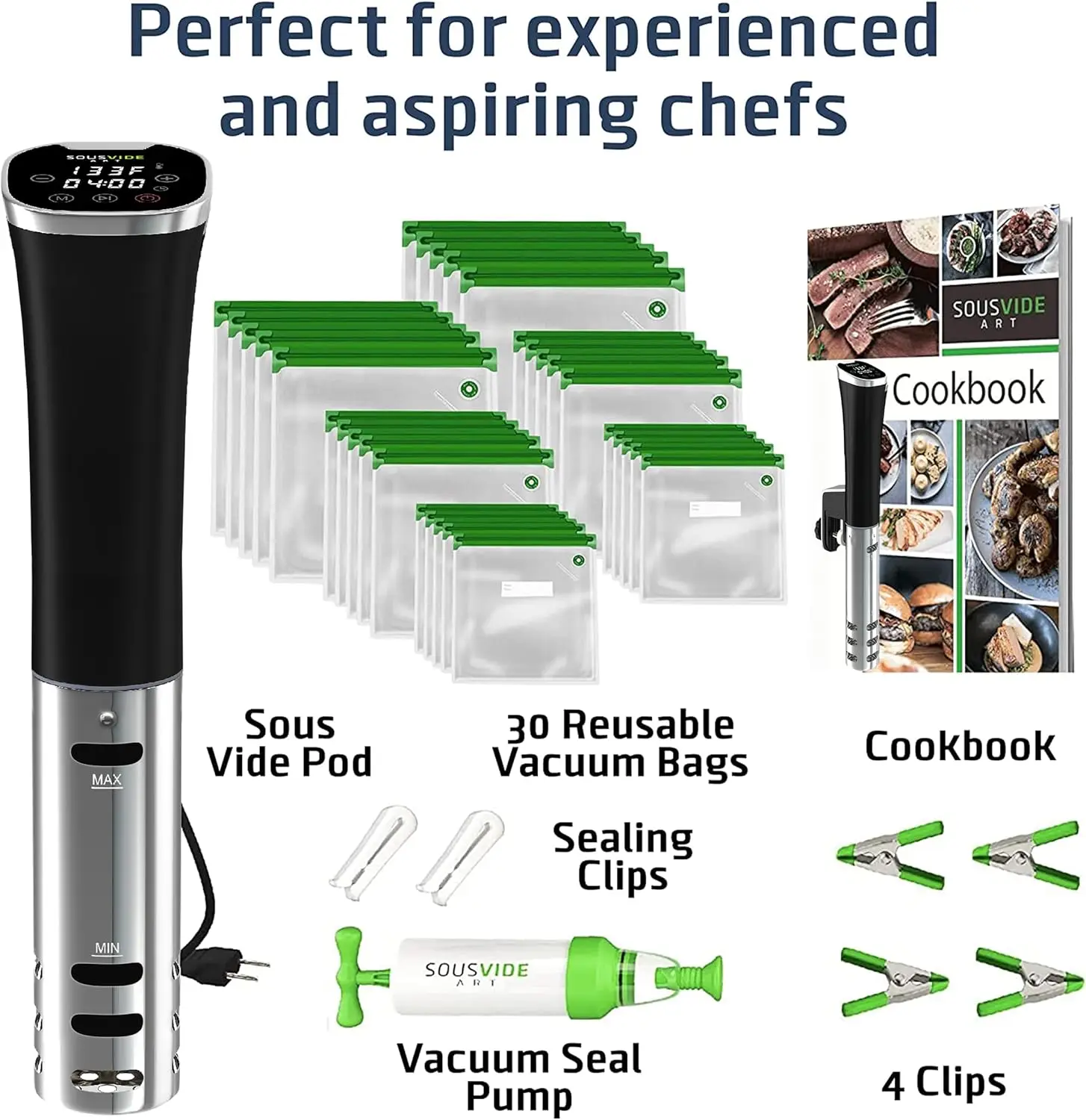 Kit fornello ad immersione Sous Vide - Macchina con timer digitale, controllo della temperatura, 30 sacchetti, pompa per vuoto, regalo per piano cottura per chef
