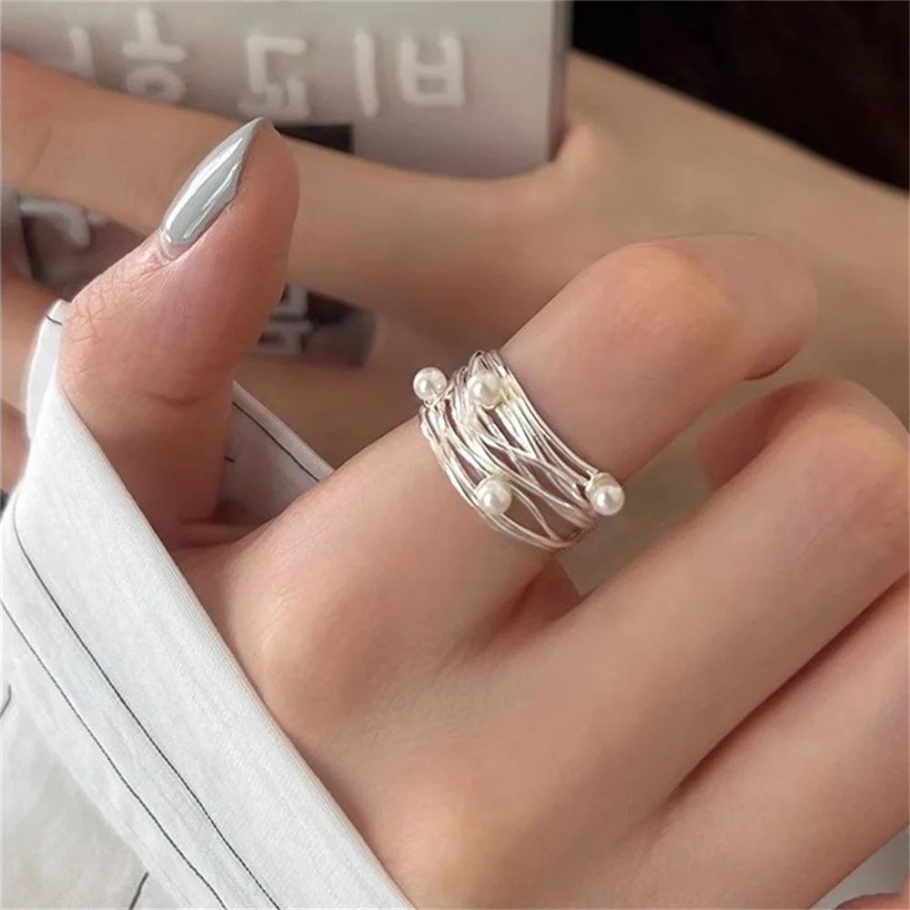 Ring mit geometrischen Linien und Perlenimitat für Damen, schlicht, unregelmäßig, breiter Rand, offener Ring, Schmuck für den täglichen Gebrauch – Detail 3