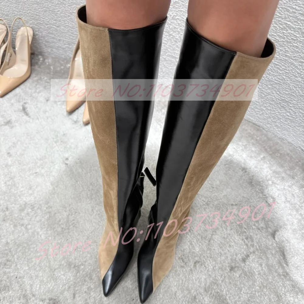 

Splicing Two-Tone Knee High Boots Women Suede And Leather Pointed Toe Spike Heels Boots Female Fashion Elegant Shoes