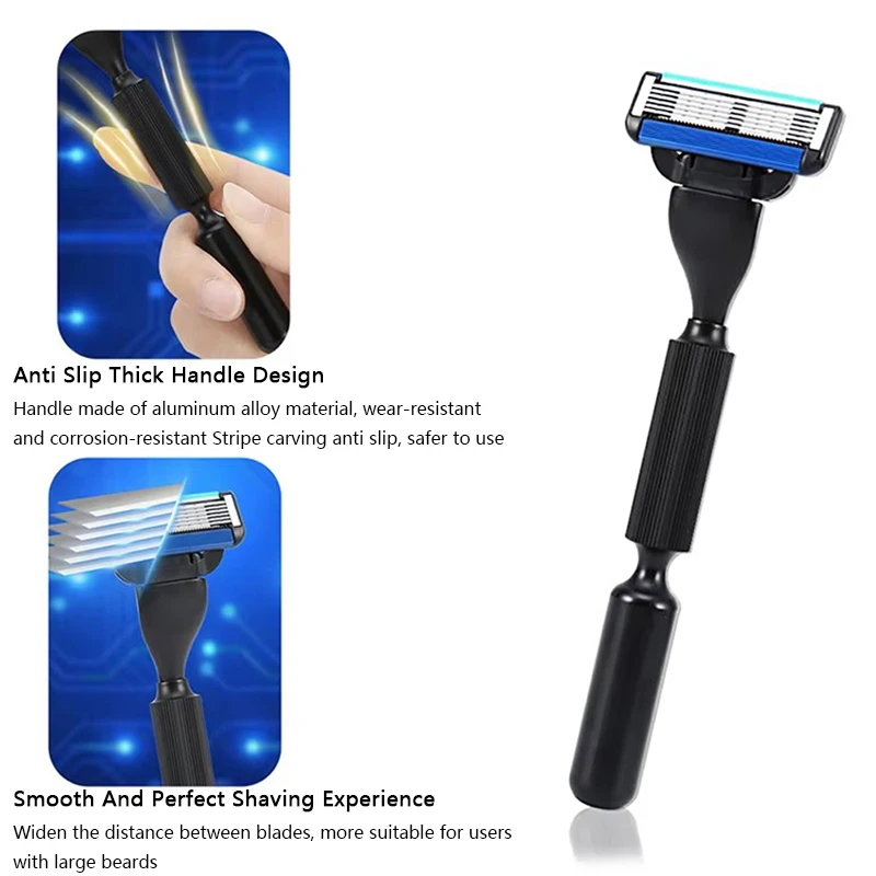 Men Manual Care Metal Black/silvery Handle 6-layer Stainless Steel Safety Shaving Razor Blade Suit For M3