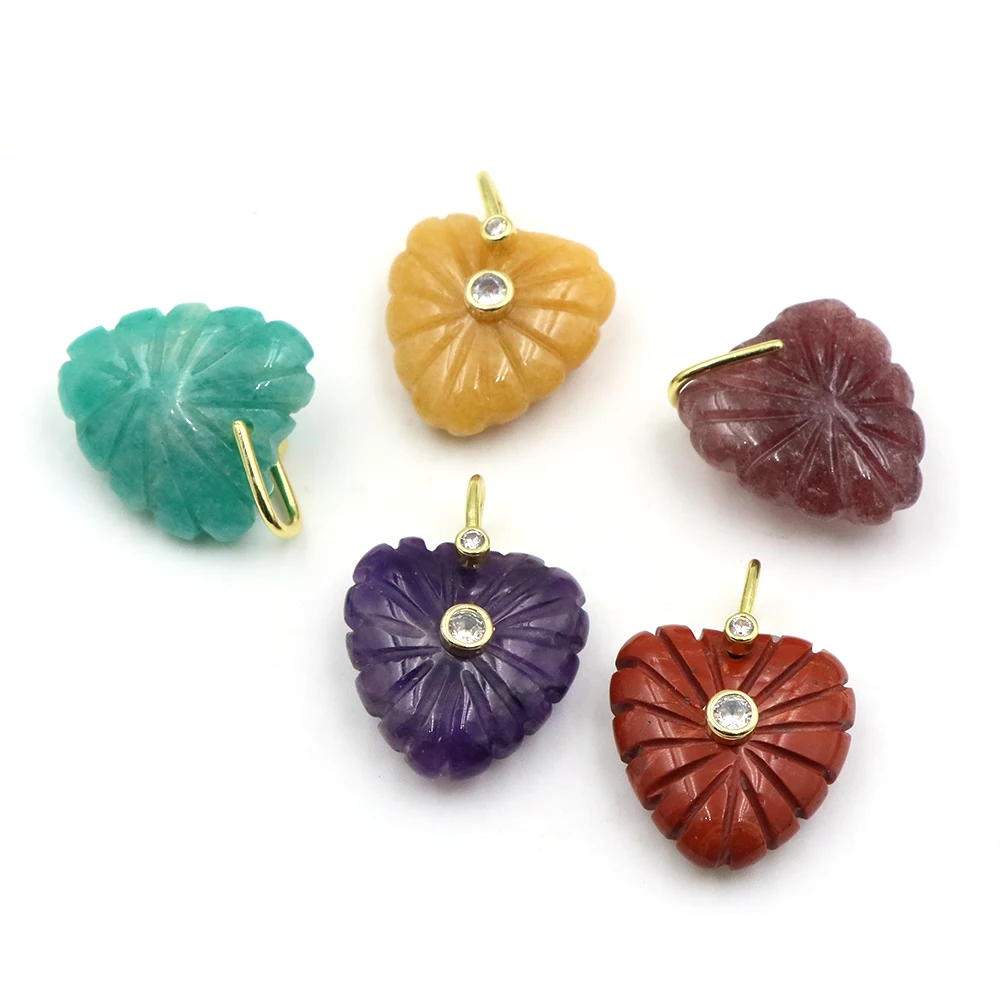 Texture Pattern Heart Shaped Pendant Natural Gemstone Amazonite Rose Quartz DIY Women Necklace Making Inlaid Zircon Fashion Gift