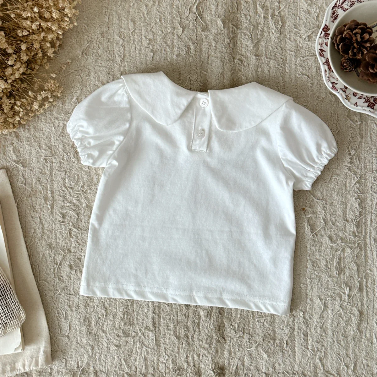 Girls' Summer Short-Sleeve Flower Embroidery T-Shirt Children Doll Collar Top Baby Summer Pure Cotton Base Shirt 0-3Y