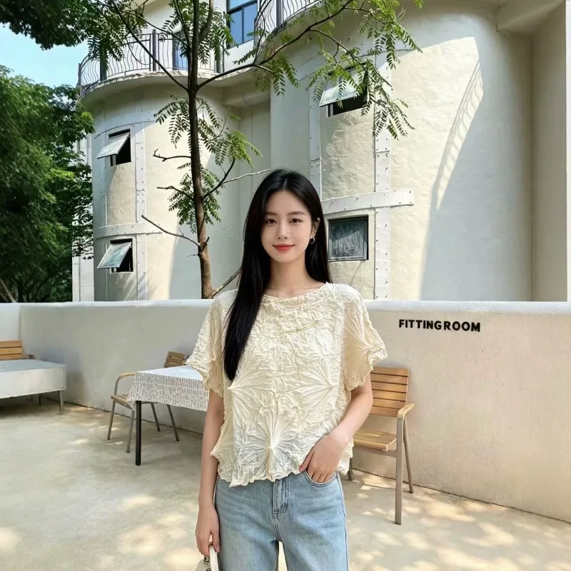 Miyake Original Sea Urchin Pleated T-Shirt 2026 Summer New Solid fold Simple Design Handmade Pleats Top Casual Elegant Versatile