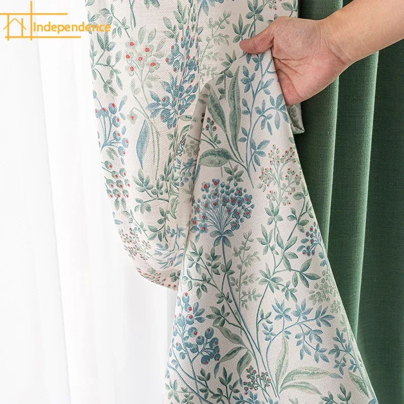 American Countryside Curtains Cotton and Linen Floral Shade Green floral Curtains for Living Dining Room Bedroom