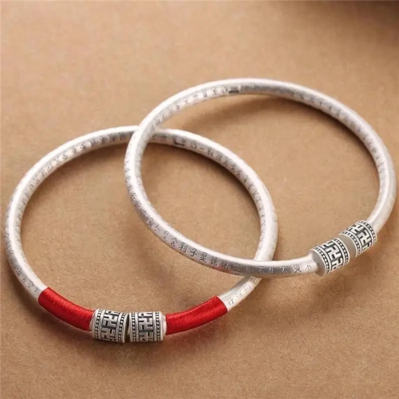 Birth Year Red String Mantra Bangle Women Adjustable Opening 925 Silver Ethnic Inspired Vintage Style Spiritual Gift for Her
