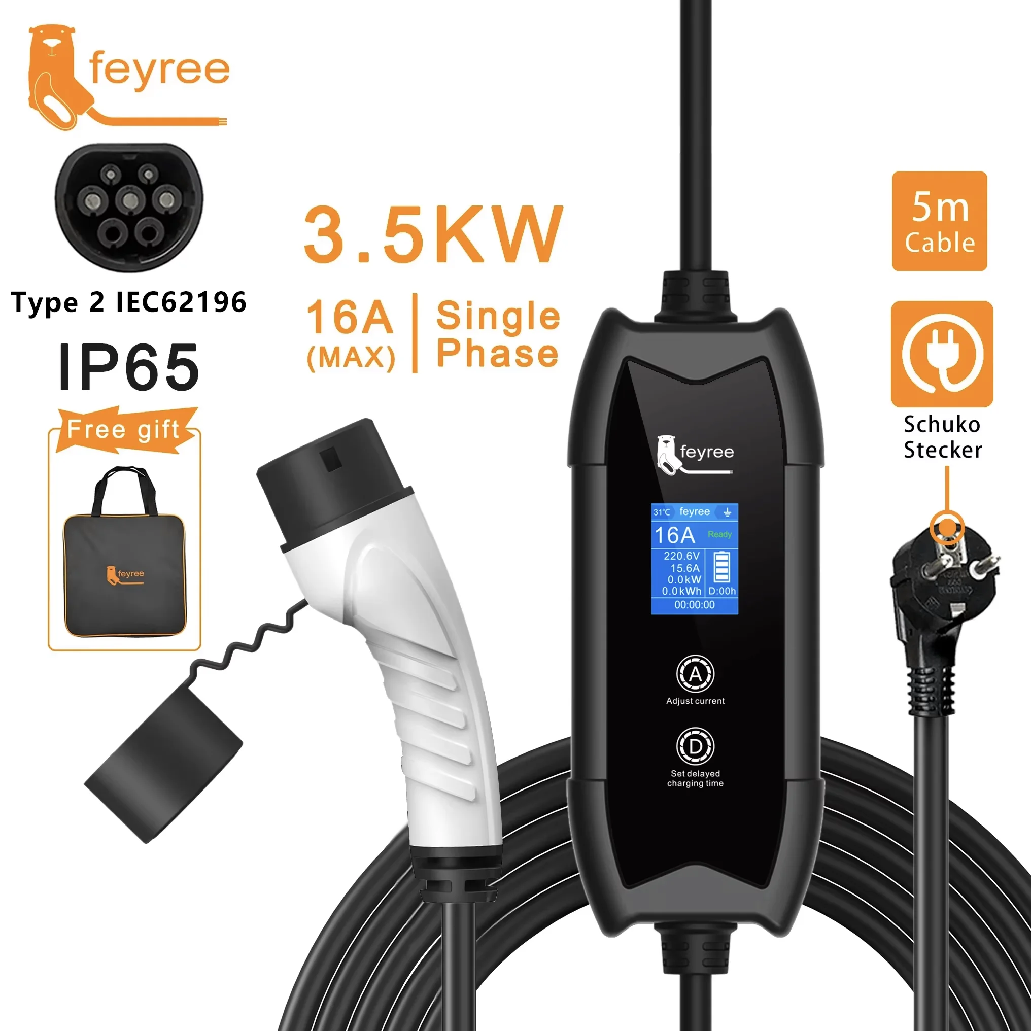 Feyree EV-oplader Type2 3,5KW 16A draagbare oplaadbox Set stroom en instelvertragingstijd 5M kabel voor autolader voor elektrische voertuigen