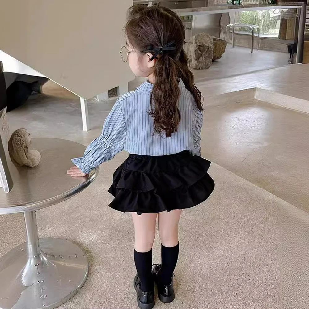 Girls\' Shirt half Skirt Set 2024 Summer New Children\'s Long Sleeve Bow Striped Shirts Black Elastic Waist A-line Cake Skirts