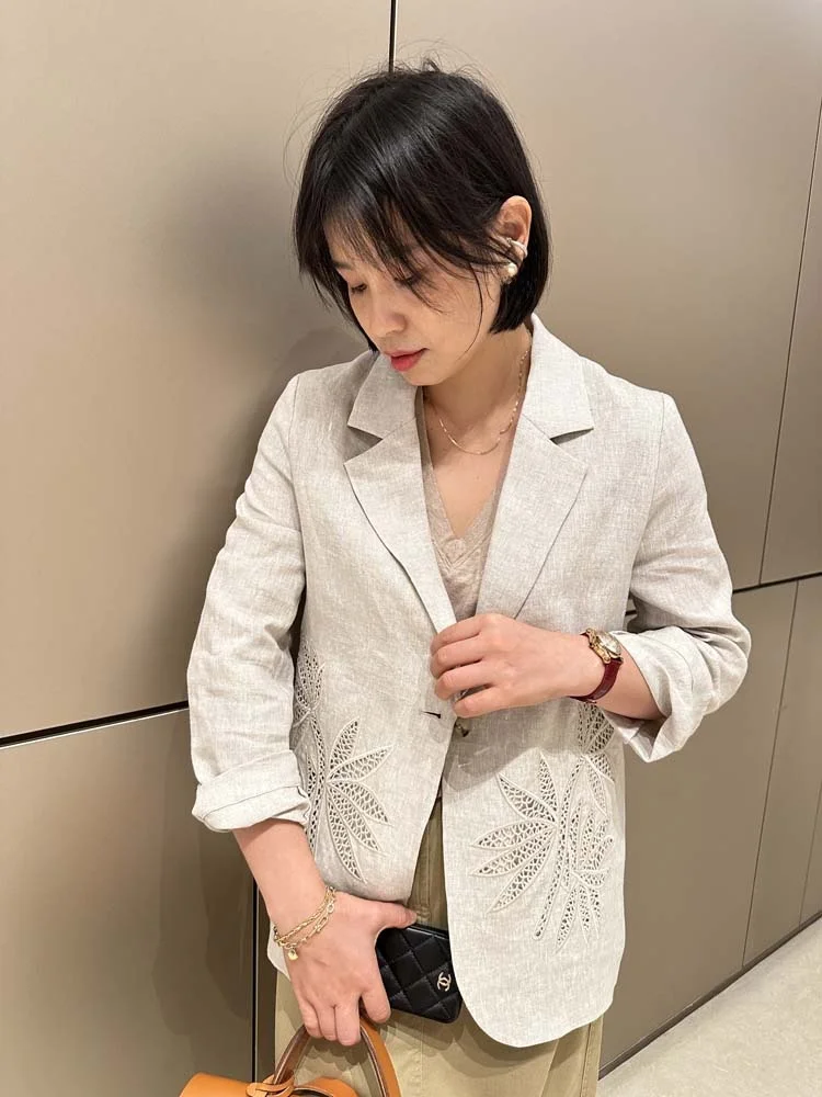 

Elegant Embroidered Hollow out Long Sleeve Linen Suit Jacket for Women Commute Style Loose Fit Business Casual Single Button