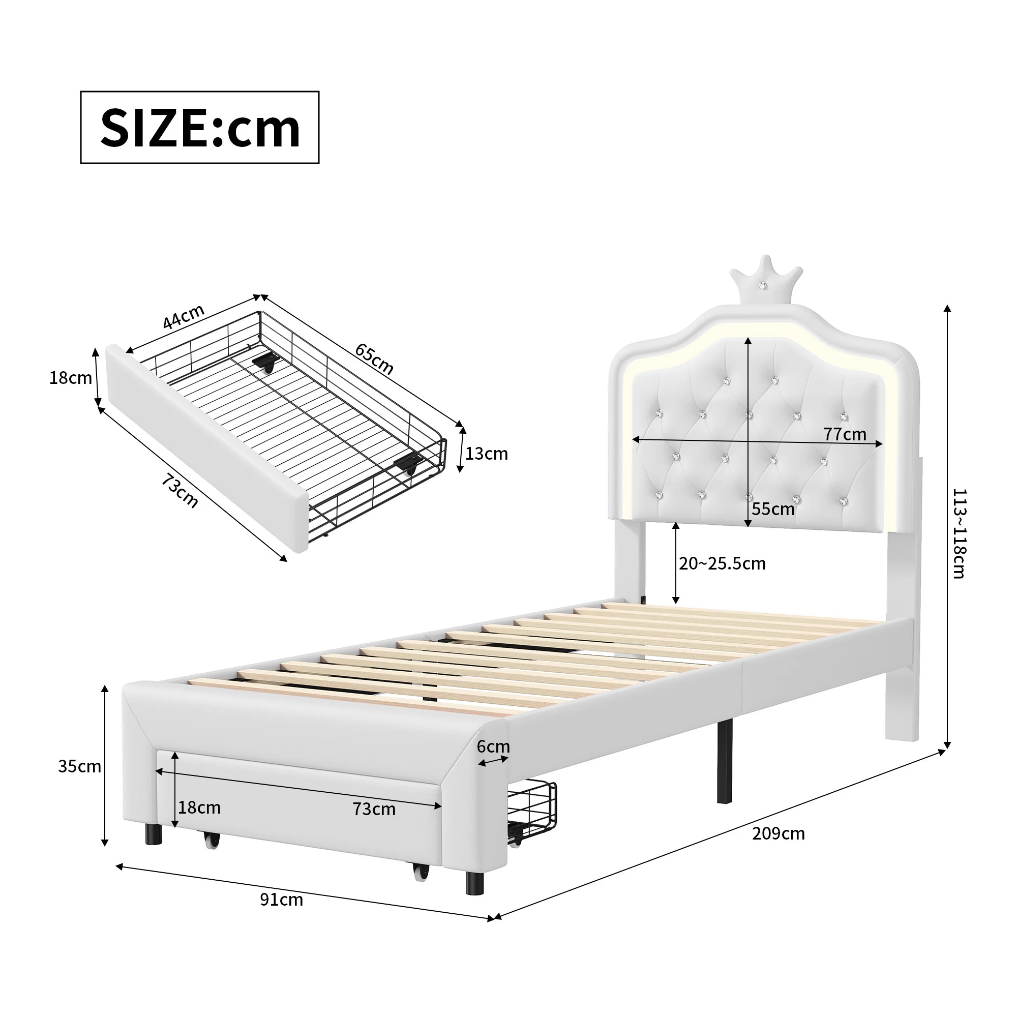 Kinderbed 90x200/140x200cm met LED-verlichting, gestoffeerd bed voor meisjes, hoofdeinde met kroon en lade-opbergruimte, verstelbaar hoofdeinde