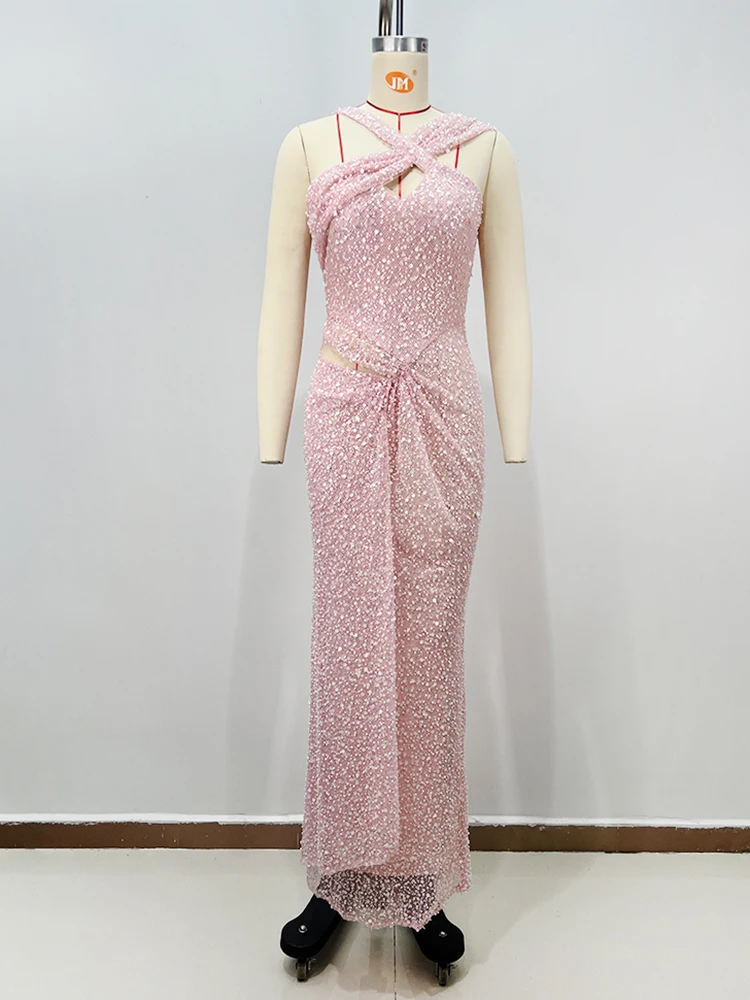 Elegante rosa Pailletten-Abendkleider mit Ausschnitten – One-Shoulder-Kreuzträger-Formelles Kleid für Damen 2025, neu, Vestido De Noite