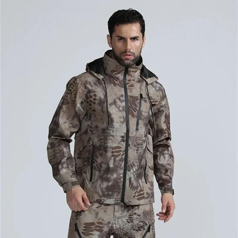 Lightweight Waterproof Breathable Camo Hooded Coat Windbreaker Outdoor Hiking Hunting Climbing Military Training Tactical image 2