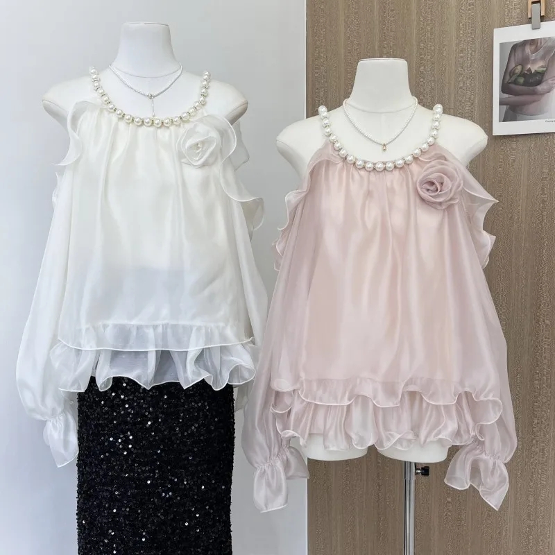 Elegant Ruffle Lace Up Shirt Women Solid See Through Long Flare Sleeve Loose  Shirts 2025 Fashion Summer Pleated Top