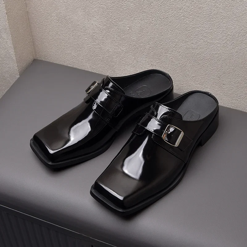 

Luxury Patent Leather Mens Half Shoes Slippers 2026 Summer New Designer Black Genuine Leather Man Casual Party Business Shoes