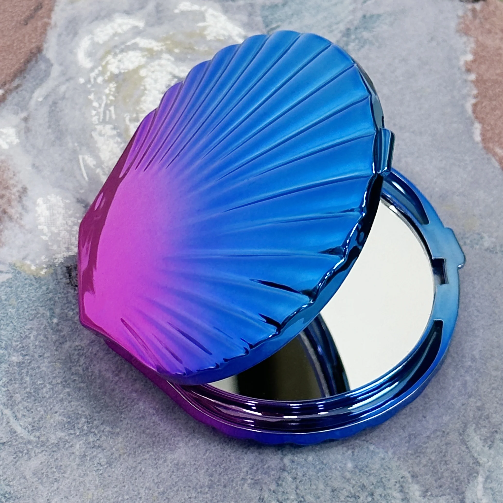 Blue and Purple Shell Shaped Folding Makeup Mirror 1X/2X Double Sided Hand Mirror