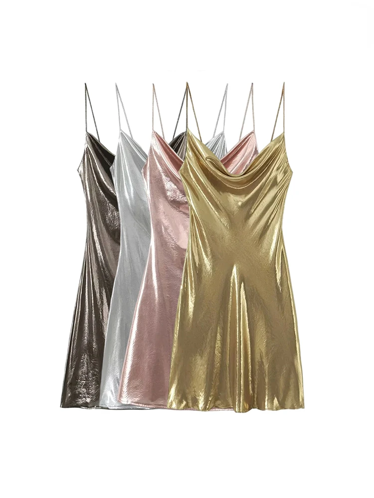 

TRAF Women Fashion Metallic Draped Party Mini Dress Sexy Backless Thin Sequins Straps Female Dresses Vestidos casual Mujer