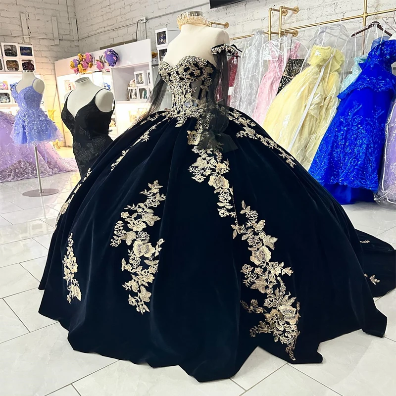 EVLAST индивидуальное темно-синее платье Quinceanera, бальное платье с накидкой и открытыми плечами, кружевное милое платье 16, Vestidos De XV Años TQD003