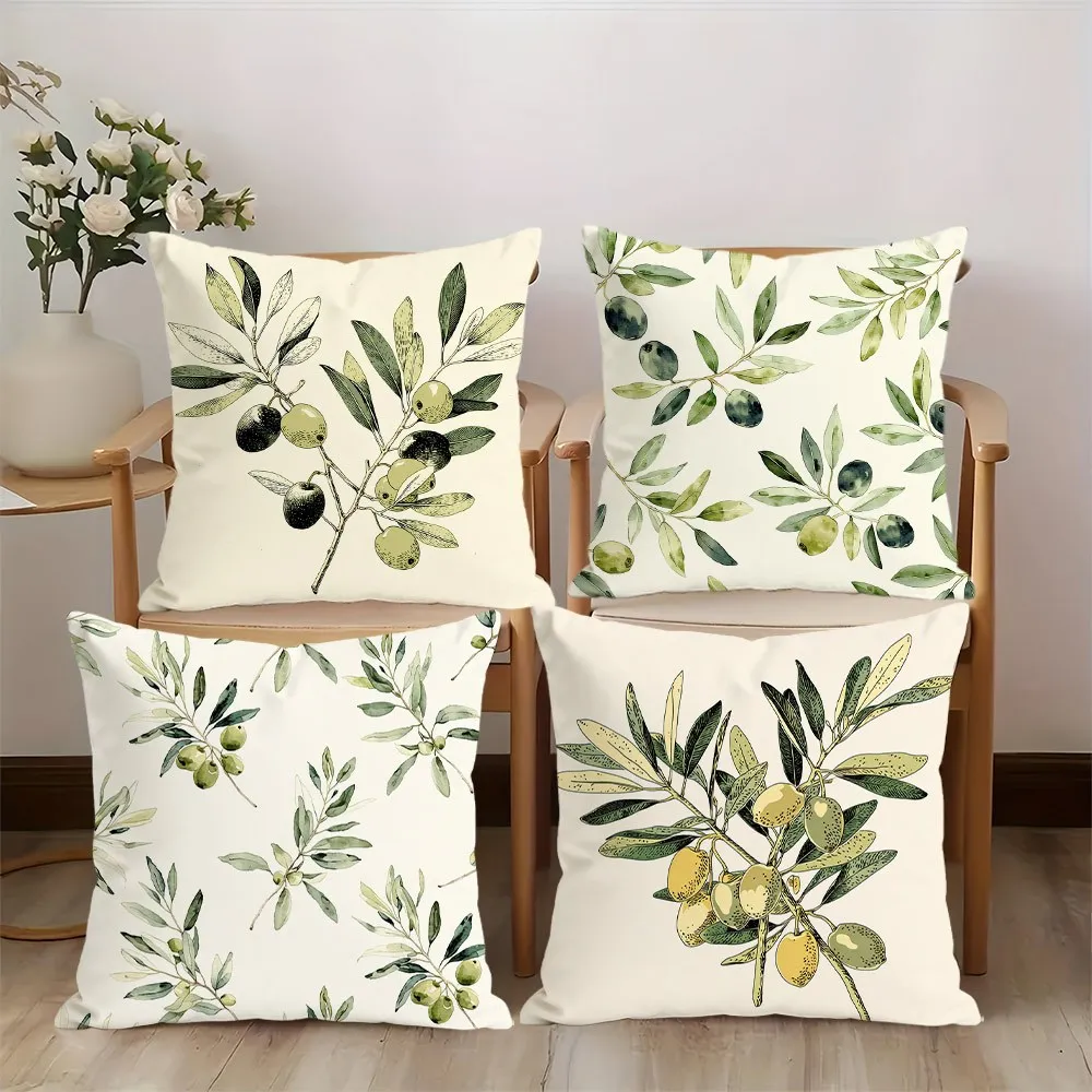 1pc Mediterranean Vintage Olive Twig Botanical Throw Pillow Cover 2D Double-Side Print Polyester Cushion Case for Bedroom Cot