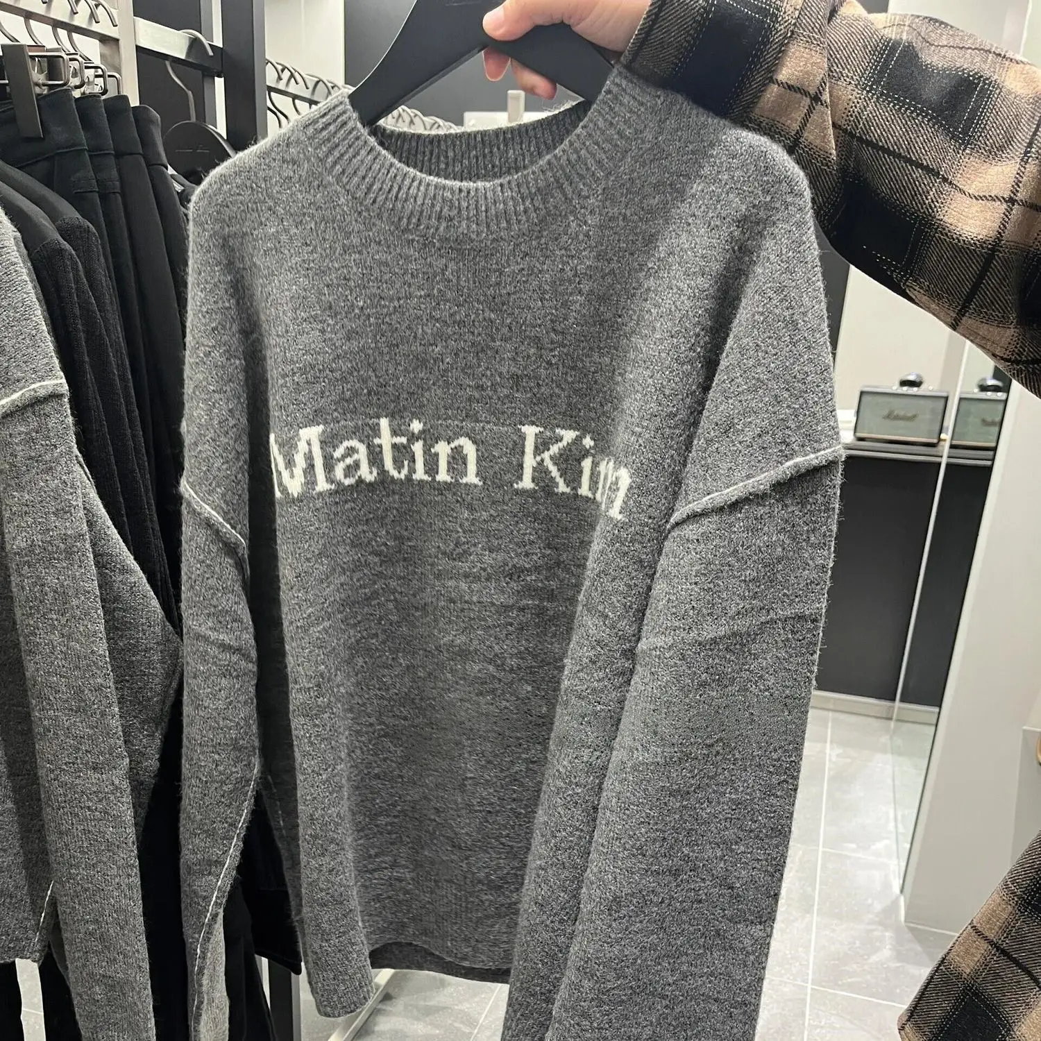 MATIN KIM Letter‑Embroidered Loose Soft Knit Sweater, Basic Versatile Couple Pullover Top Korean Niche Autumn Winter Knitwear
