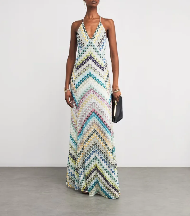 Bohemian Multicolor Chevron Halter Maxi Dress Retro Deep V Neck Criss Cross Backless Sleeveless Pleated Draped Dresses Holiday
