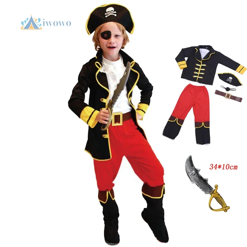 

Костюм пирата, детский костюм «Пираты Карибского моря», Джек Воробей, детская одежда для мальчиков, реквизит, карнавальный костюм на Хэллоуин, праздничная одежда