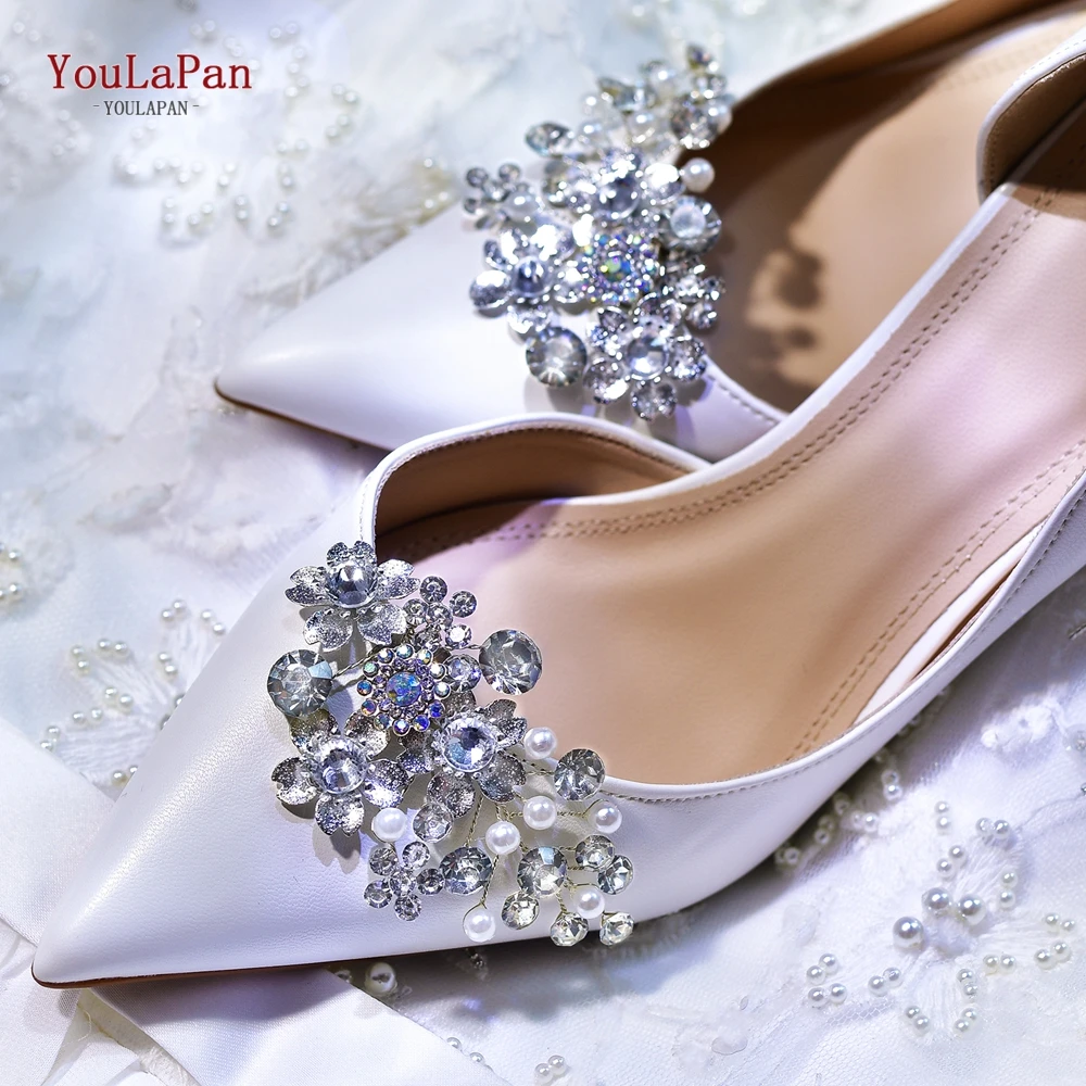 YouLasaupoudrer-réinitialisation de chaussure fait à la main en alliage d'argent, fleur de document, décoration de chaussure de mariée, talons hauts, accessoire brillant, mariage, HX53