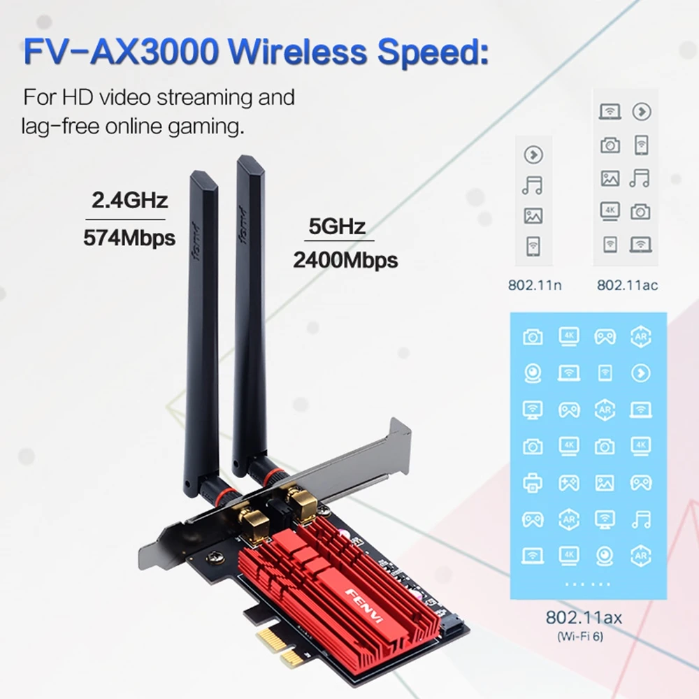 3000Mbps FV-AX3000 AX200 WiFi 6 PCI-E BT5.2 Dual Band 2.4G/5Ghz Gaming Wireless PCIe Card Adapter 802.11AX For Win 10/11 Desktop