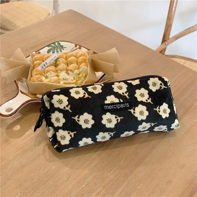 Bolsas de cosméticos de flores de pana para mujer, estuche de almacenamiento de lápiz labial y pincel de viaje, estuches de lápices de papelería