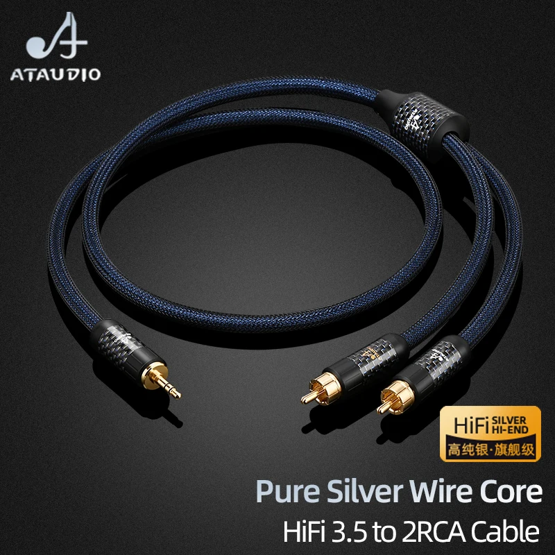 ATAUDIO HiFi 3.5 to 2RCA Cable Splitter RCA Male Jack 3.5mm Audio Cable Pure Silver Double Shielding for Smartphone Amplifier
