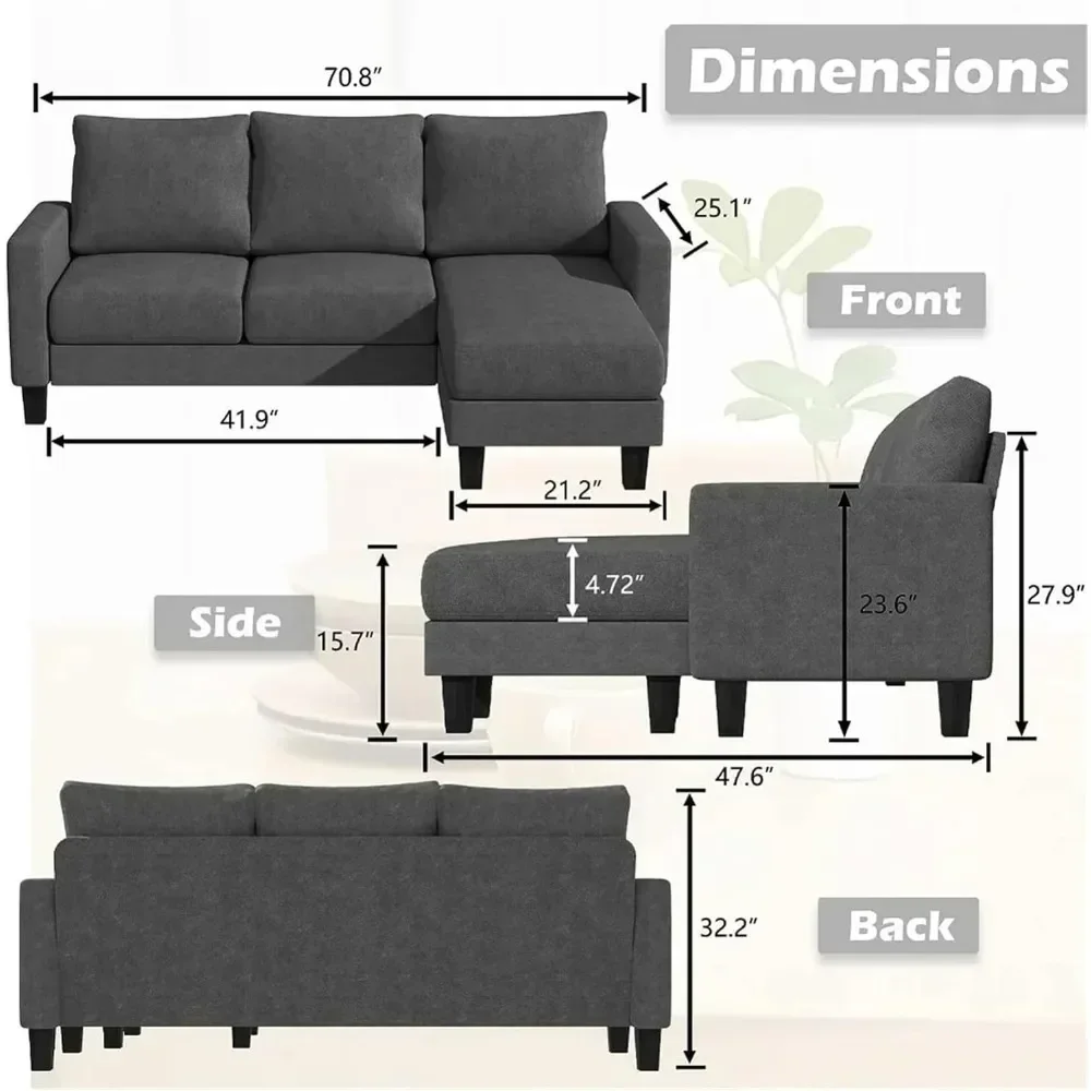 Convertible Sectional 3 L-Shaped Couch Soft Seat with Modern Linen Fabric, Space-Saving Sofas for Living Room